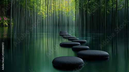 Serene path of stepping stones across calm water in a bamboo forest.
