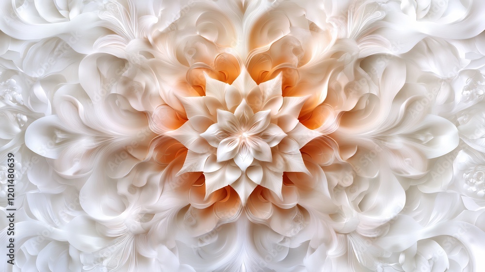 Abstract Floral Mandala: Intricate White and Peach Petals Abstract Floral Mandala: Intricate White and Peach Petals