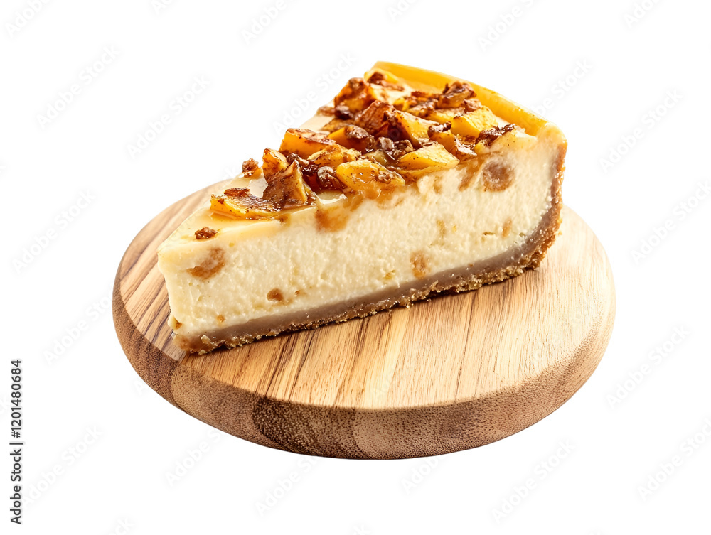 Extreme front view of a hyperrealistic slice of ginger peach cheesecake on a wooden tray isolated on a white transparent background Extreme front view of a hyperrealistic slice of ginger peach cheesecake on a wooden tray isolated on a white transparent background