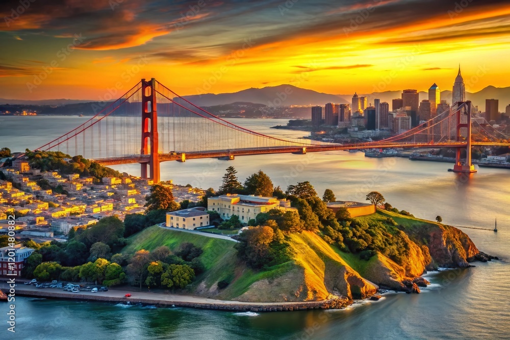Obraz premium San Francisco Panoramic Cityscape Wallpaper - Golden Gate Bridge, Alcatraz, Bay Area Skyline