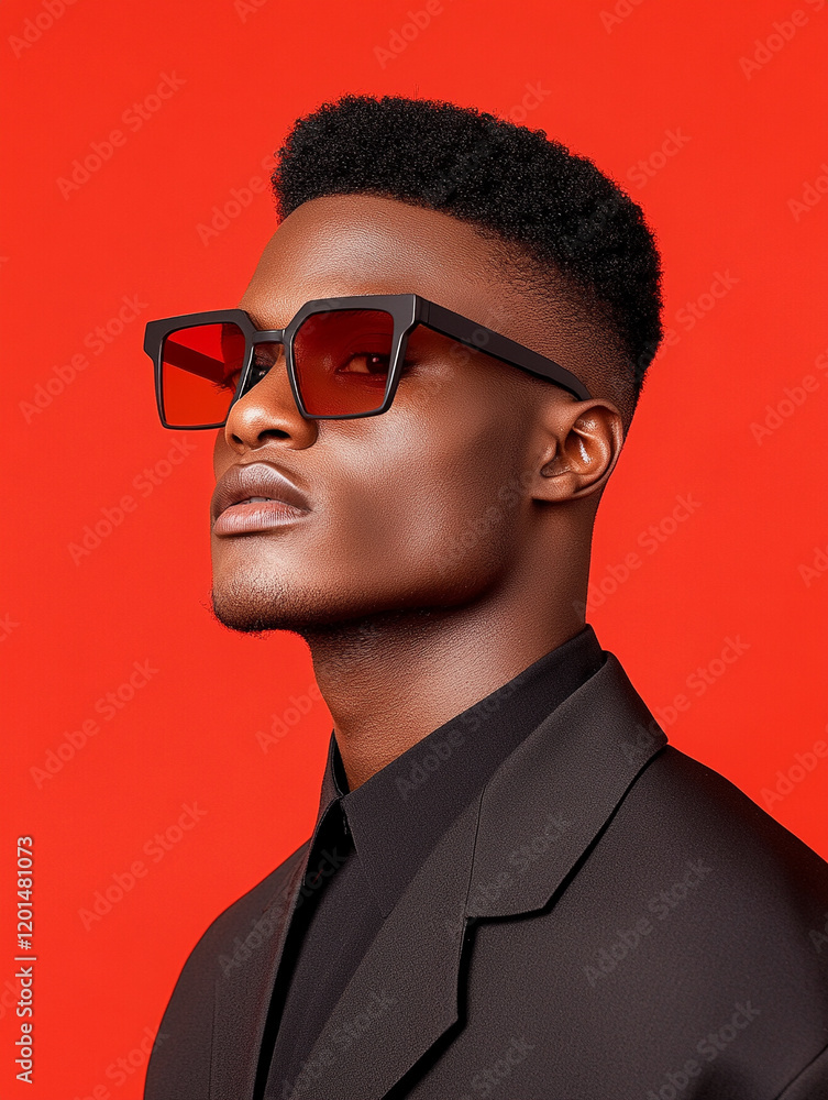 Fototapeta premium Stylish man posing in sunglasses against a red background