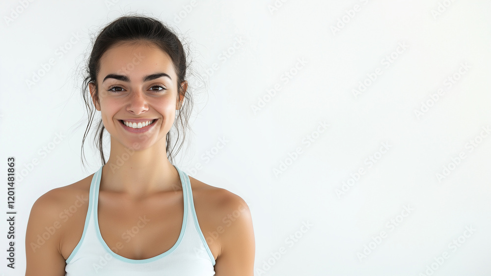 Junge Frau in entspannter Pose vor weißer Wand, strahlendes Lächeln, dunkle Haare, Tank-Top, authentisch, natürlich beleuchtet, schlicht Junge Frau in entspannter Pose vor weißer Wand, strahlendes Lächeln, dunkle Haare, Tank-Top, authentisch, natürlich beleuchtet, schlicht