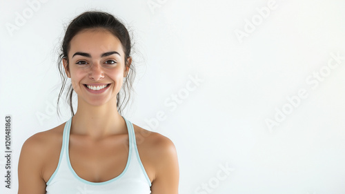 Junge Frau in entspannter Pose vor weißer Wand, strahlendes Lächeln, dunkle Haare, Tank-Top, authentisch, natürlich beleuchtet, schlicht photo