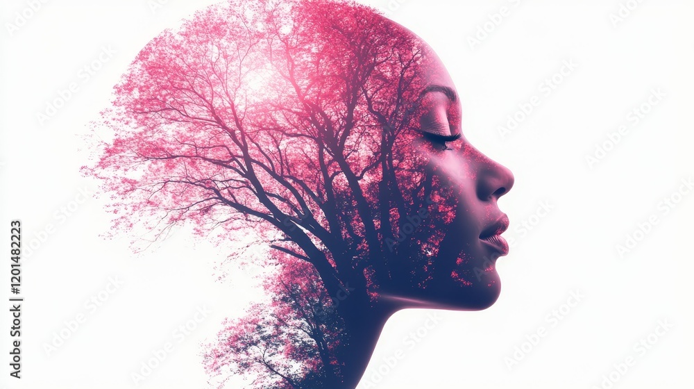 Profile of a tree face with double exposure in pink and red tones on a white background Profile of a tree face with double exposure in pink and red tones on a white background