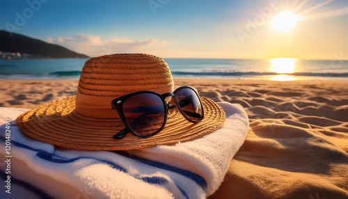 Un atardecer en el mar con una toalla, unas gafas de sol y un sombrero sobre la arena en primer plano