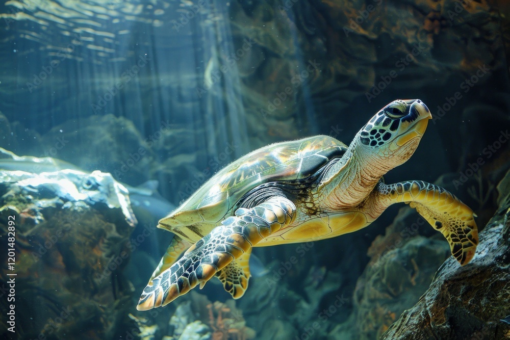 Obraz premium Majestic sea turtle gracefully glides through sunlit aquarium waters, showcasing its vibrant shell and peaceful demeanor