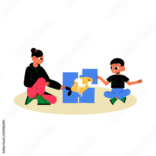 Boy And Girl Solving Puzzle Together In Flat Vector Illustration Symbolizing Teamwork, Logic, And Educational Fun, Isolated On White Background