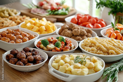 A variety of food in chafing dishes on the table at an event or party photo