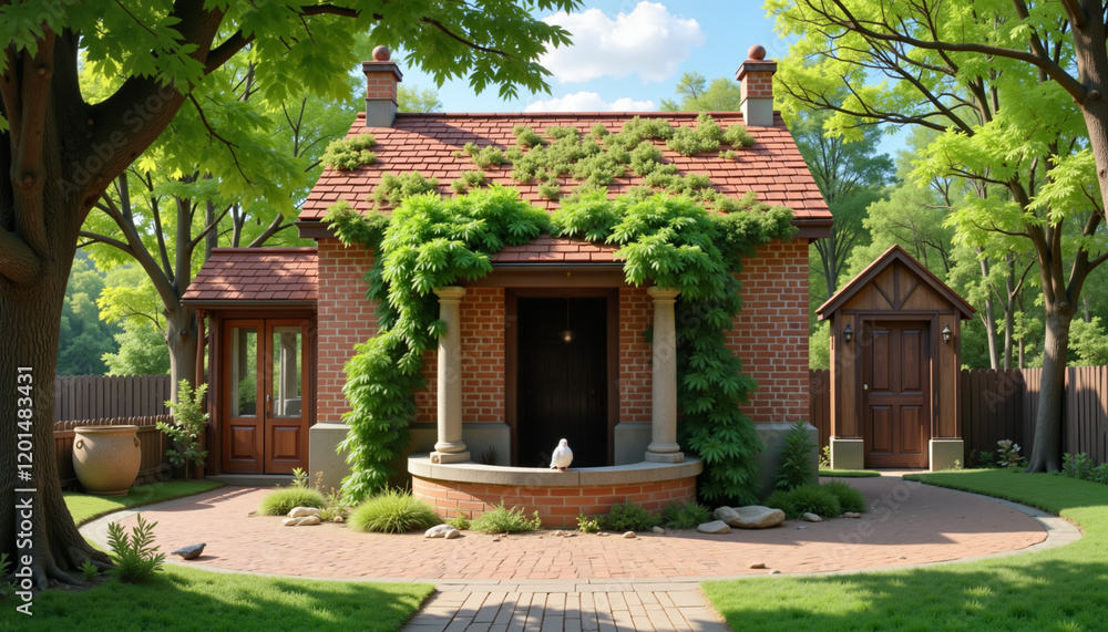 Charming brick house with lush greenery in a serene garden Charming brick house with lush greenery in a serene garden