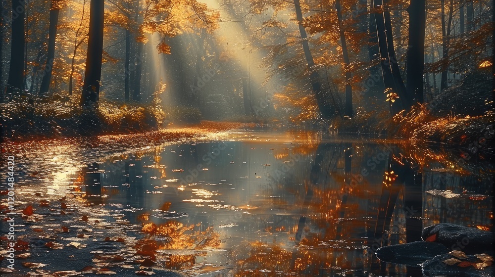 Naklejka premium A path in the forest in autumn crossed by rays of light. Reflections in the water. Dense forest.