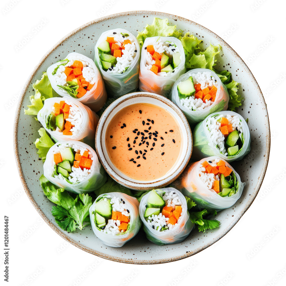 Isolated Plate of Vegetable Spring Rolls with Sesame Sauce Isolated Plate of Vegetable Spring Rolls with Sesame Sauce