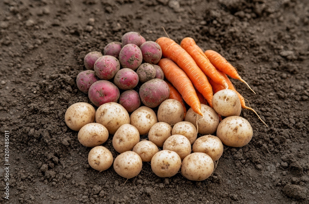 Fresh vegetables on soil in garden. Organic vegetables background Fresh vegetables on soil in garden. Organic vegetables background
