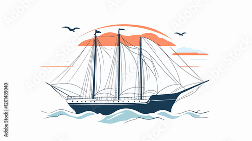 Detailed Ship Line Art Illustration for Design Projects on White Background photo