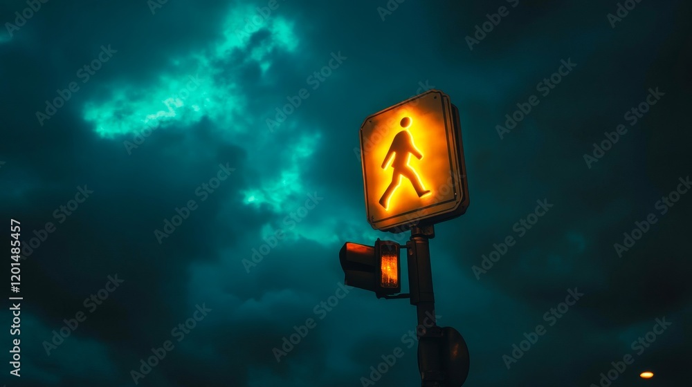 Night Sky Pedestrian Crossing Signal Illuminates City Street Night Sky Pedestrian Crossing Signal Illuminates City Street