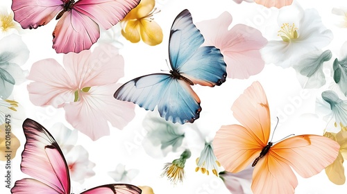 Colorful butterflies and flowers spring garden design