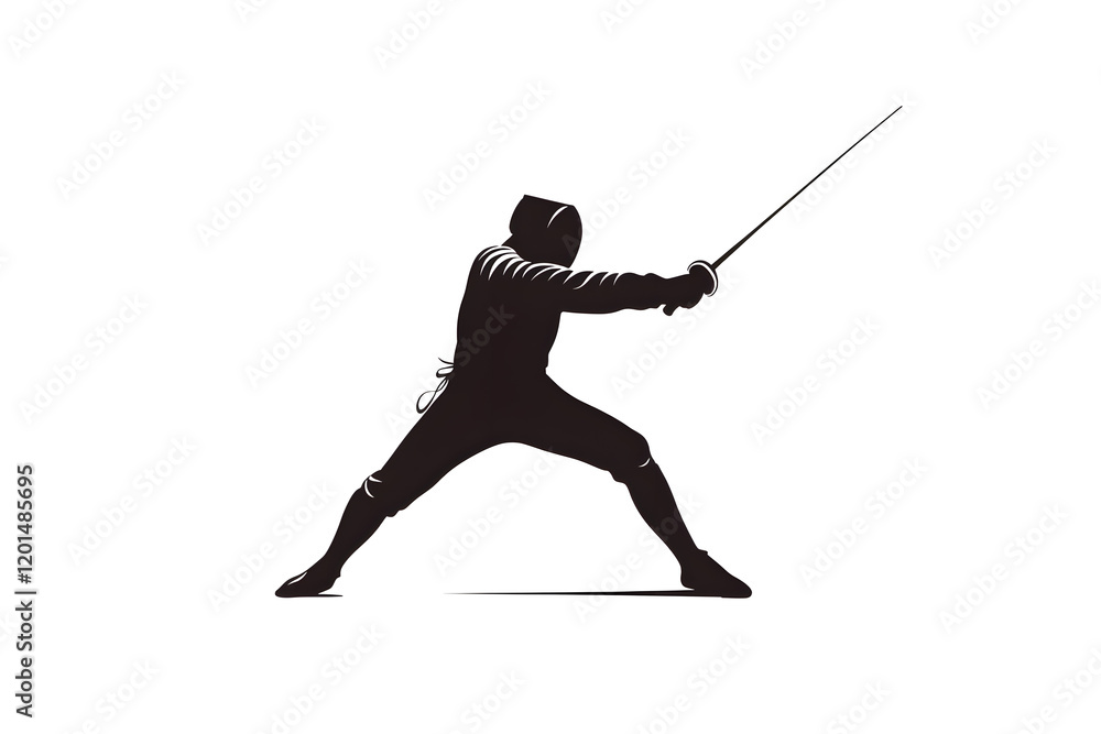 Black silhouette of a fencing sports person. Fencer flat illustration isolated on white background Black silhouette of a fencing sports person. Fencer flat illustration isolated on white background