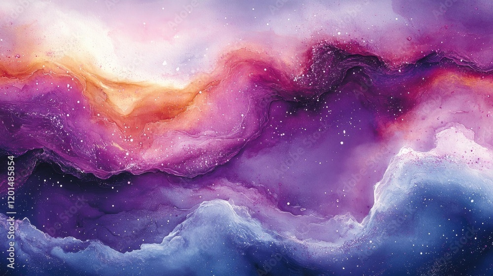Fototapeta premium A dreamy abstract watercolor painting of space with nebula clouds in purple and violet hues. Generative AI