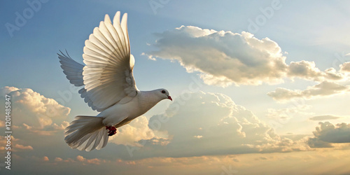 White Dove Flying in the Sky for International Day of Peace Symbolizing Hope and Freedom  photo