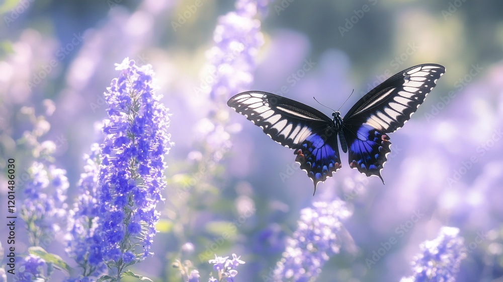 Black and blue butterfly in flight above purple flowers. Black and blue butterfly in flight above purple flowers.