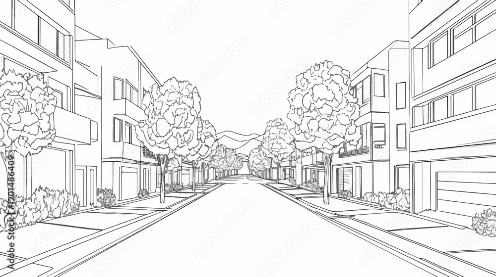 Fototapeta premium Detailed Residential Street Road Continuous Line Art Flat Vector Graphic