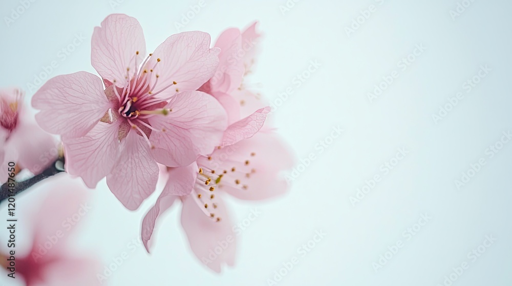 Close-up of cherry blossom branch in bloom. Delicate pink flowers, soft petals, natural elegance, springtime scene, minimalistic background, tranquil atmosphere. Generative AI Close-up of cherry blossom branch in bloom. Delicate pink flowers, soft petals, natural elegance, springtime scene, minimalistic background, tranquil atmosphere. Generative AI