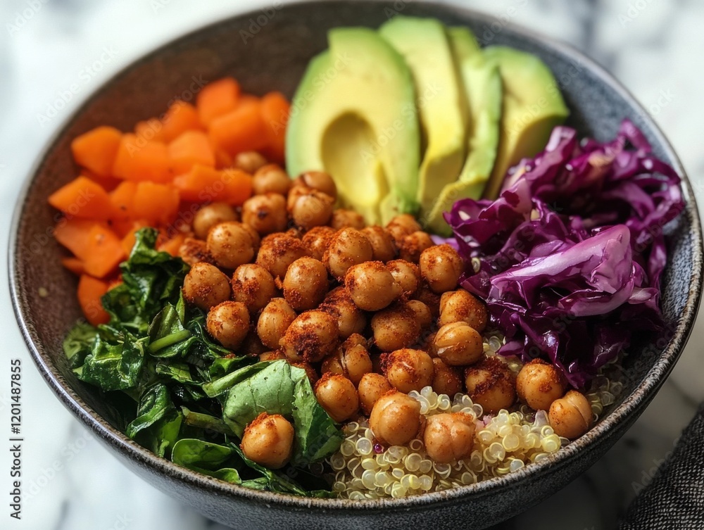 Colorful vegan bowl featuring chickpeas, quinoa, and fresh vegetables served on a marble table Colorful vegan bowl featuring chickpeas, quinoa, and fresh vegetables served on a marble table
