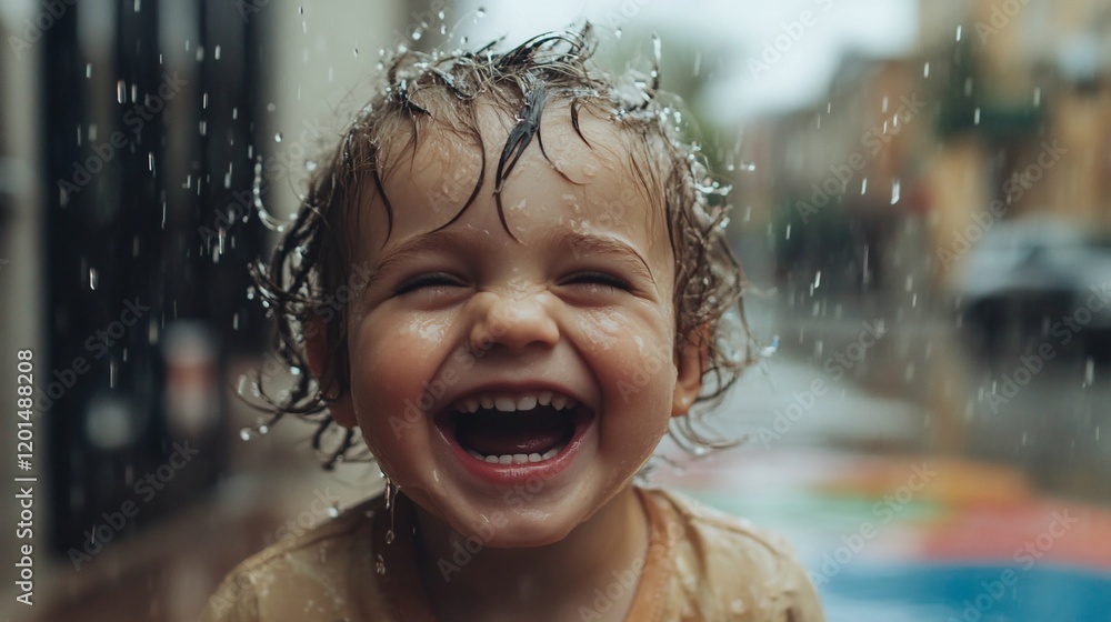 Happy toddler laughing in the rain. Happy toddler laughing in the rain.