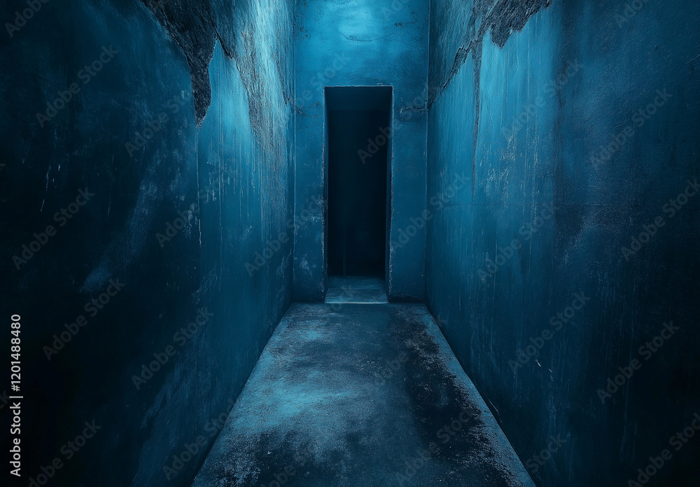 Obraz premium Dark Blue Abstract Background with Concrete Floor and Wall, Mysterious Atmosphere, Low Lighting, High-Resolution Cinematic Octane Render Design