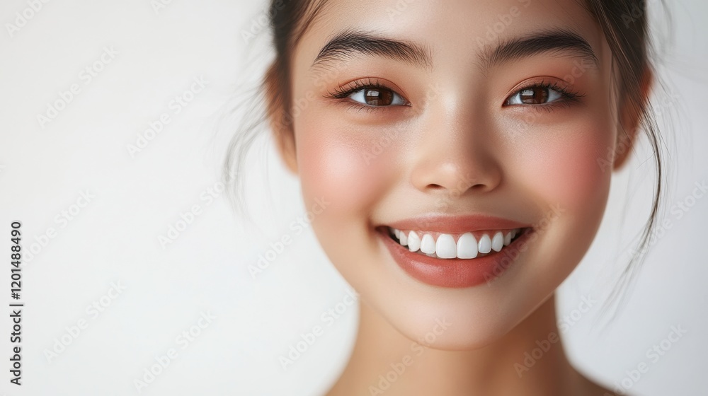 Obraz premium Beautiful young woman with radiant smile showcasing natural makeup and healthy skin in a bright indoor setting during daylight
