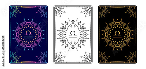 Tarot card with Libra zodiac sign. Simple line art style.