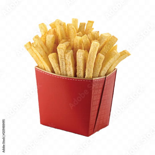 abstract 3d crispy French fries in striped container or red bucket isolated on white background