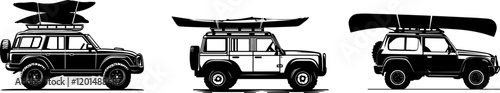 Black and White Vector Illustrations of Off-Road SUVs Carrying Kayaks and Canoes on Roof Racks