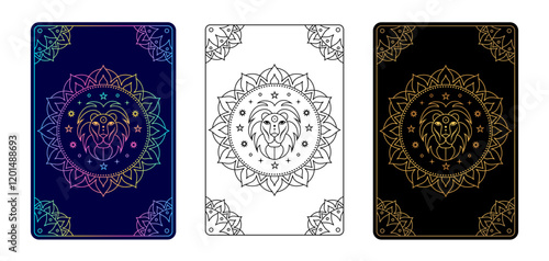 Tarot card with Leo zodiac sign.  Stylized lion at the center, adorned with mystical elements such as stars and an intricate mandala.