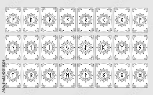 Collection of tarot cards with runes. Prediction and fortune telling on cards.