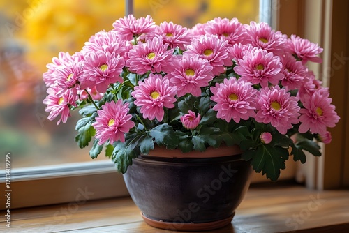 Wallpaper Mural Pink Chrysanthemums in Pot by Sunlit Window - Autumn Decor and Serenity Torontodigital.ca