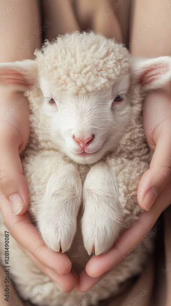 Young lamb held gently in hands, showcasing its soft wool and adorable features with a calming background Young lamb held gently in hands, showcasing its soft wool and adorable features with a calming background