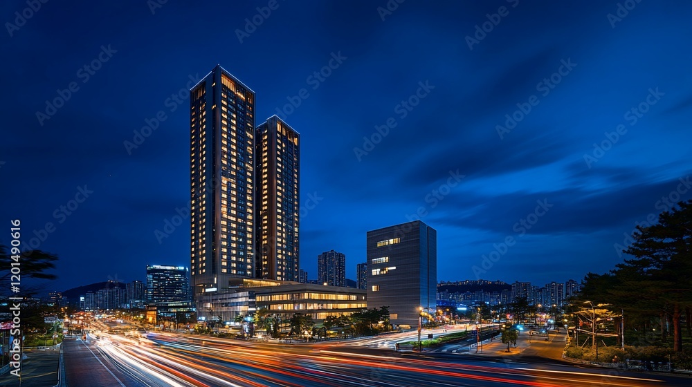 Obraz premium Modern skyscraper hotel at night with city lights and traffic.