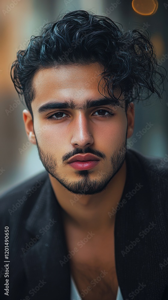 Fototapeta premium Young man with wavy hair poses confidently in an urban setting during twilight hours, highlighting his striking features and unique style