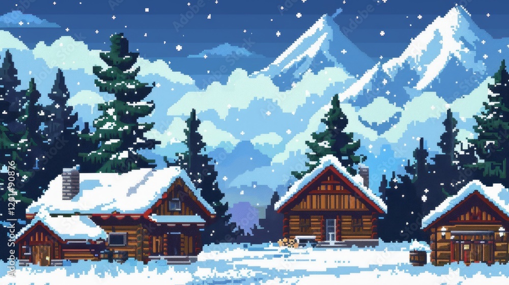 A serene winter landscape featuring cozy cabins, snowy mountains, and evergreen trees.