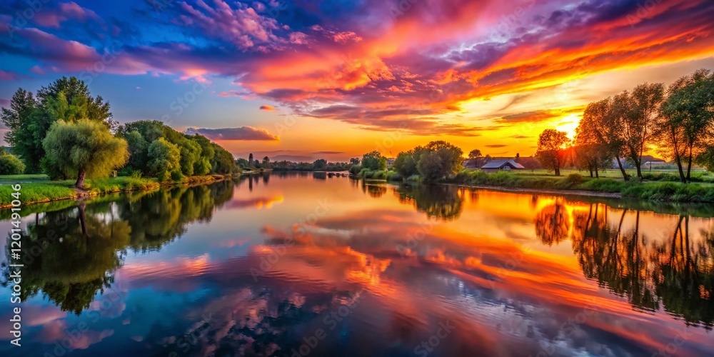 Obraz premium Serene Evening River Landscape: Golden Hour Reflections on Calm Waters