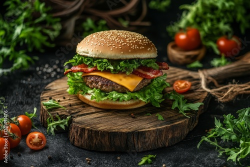 Mouthwatering cheeseburger with bacon, lettuce, and tomato on rustic wooden board for food lovers photo