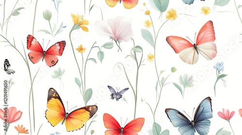 Colorful butterflies and wildflowers, nature pattern, spring, textile design