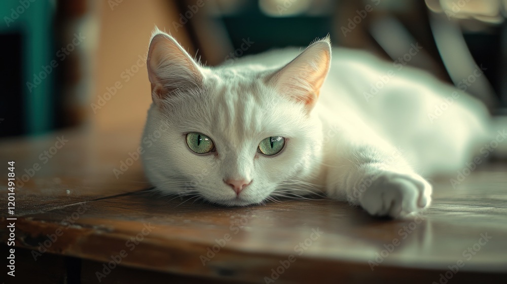 Serene White Cat Resting on Wooden Table Serene White Cat Resting on Wooden Table