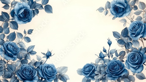 Delicate botanical border with blue roses in intricate line art. Generative AI