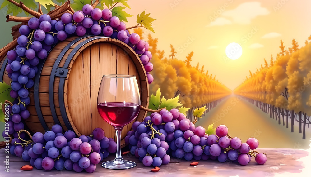 Fototapeta premium Artistic watercolor depiction of a rustic wine barrel surrounded by purple grapes and a wine glass