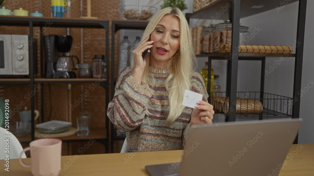 Woman working from home in a cozy living room talking on phone and holding credit card near laptop. Woman working from home in a cozy living room talking on phone and holding credit card near laptop.