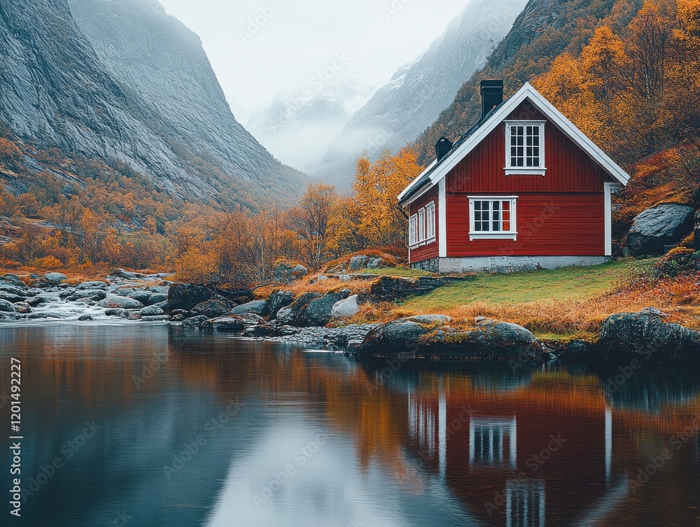 Fototapeta premium Red cabin beside a tranquil lake in a misty valley during autumn