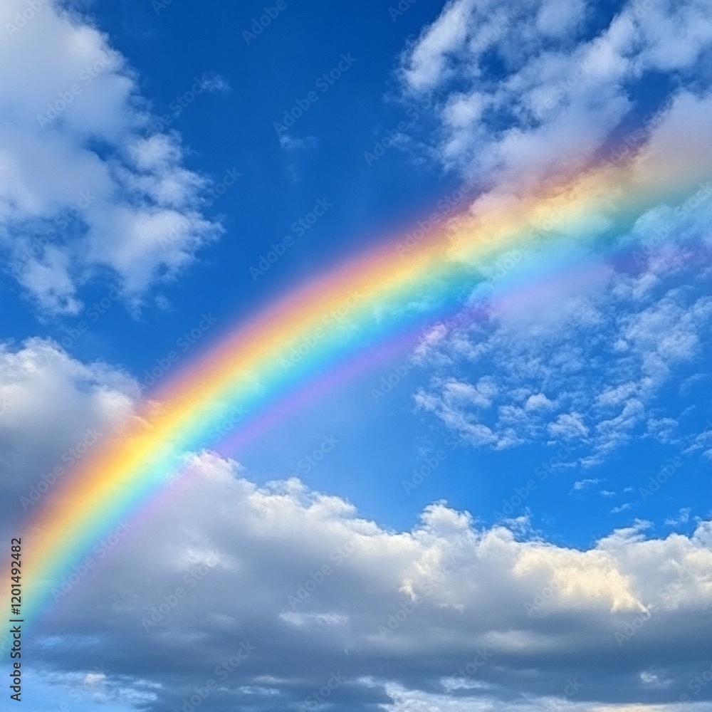 Vibrant rainbow arc in a partly cloudy blue sky. Vibrant rainbow arc in a partly cloudy blue sky.