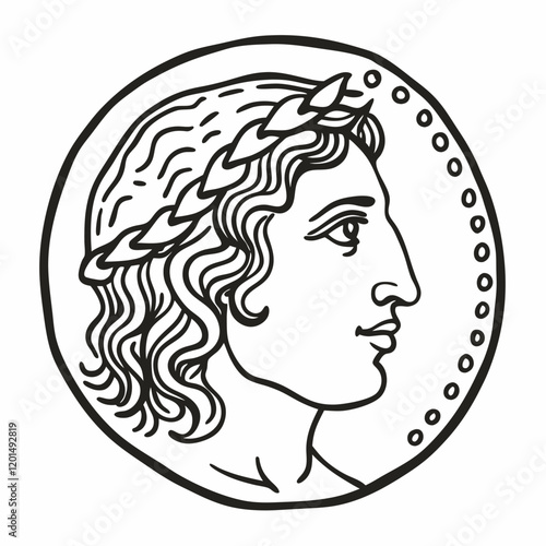 Ancient Coin Vector Illustration Featuring Roman Profile in Line Art Style