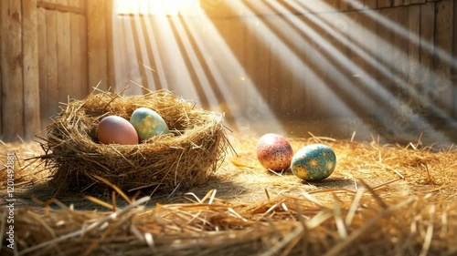 Wallpaper Mural Easter Eggs lying in sunlit hay nest with sun glow in rustic barn, festive spring celebration Easter concept Torontodigital.ca